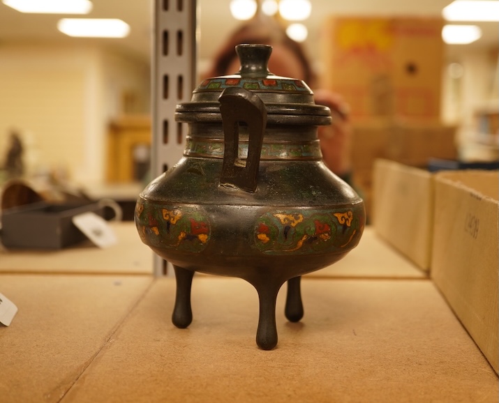 A Japanese twin handled champleve enamel koro and cover, 15cm high